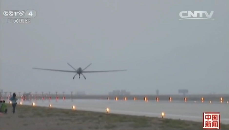 The screen shot from the video of CNTV shows that one of China's biggest UAV (UAV，Unmanned Aerial Vehicle) has completed its maiden flight successfully. (Photo source: CNTV) 