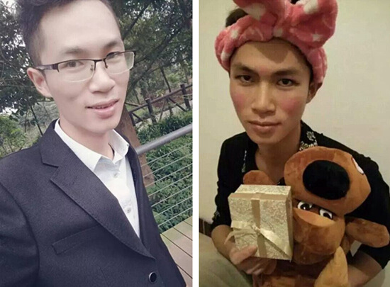 University student sells cosmetics by applying makeup to himself
