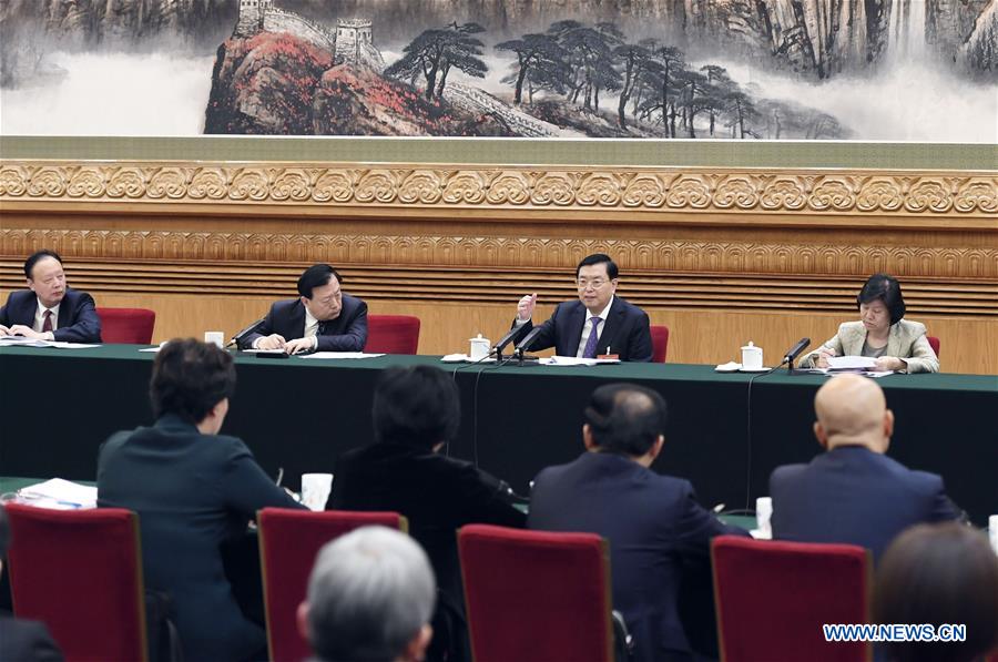Chinese leaders review gov't work report with lawmakers