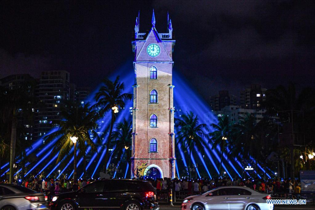 Light show held at bell tower in Haikou, Hainan