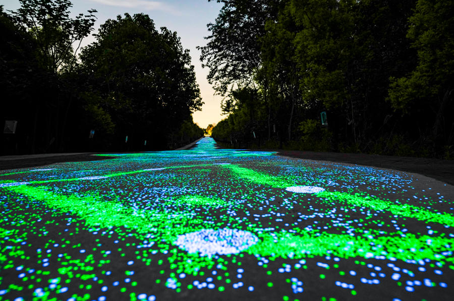 Fluorescent footpath glows under the night sky in Chongqing