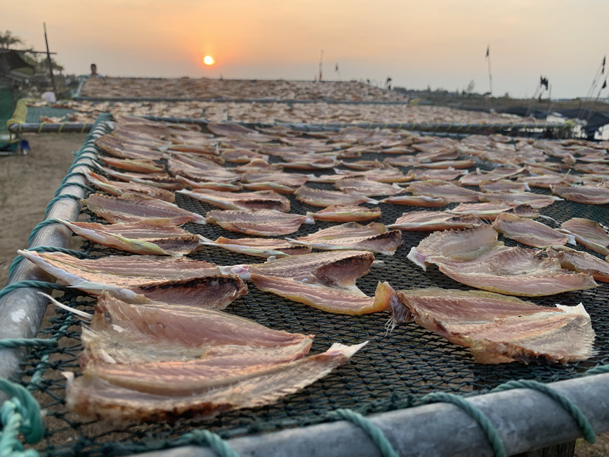 Fishermen in S China's Hainan dry their catch in the winter sun