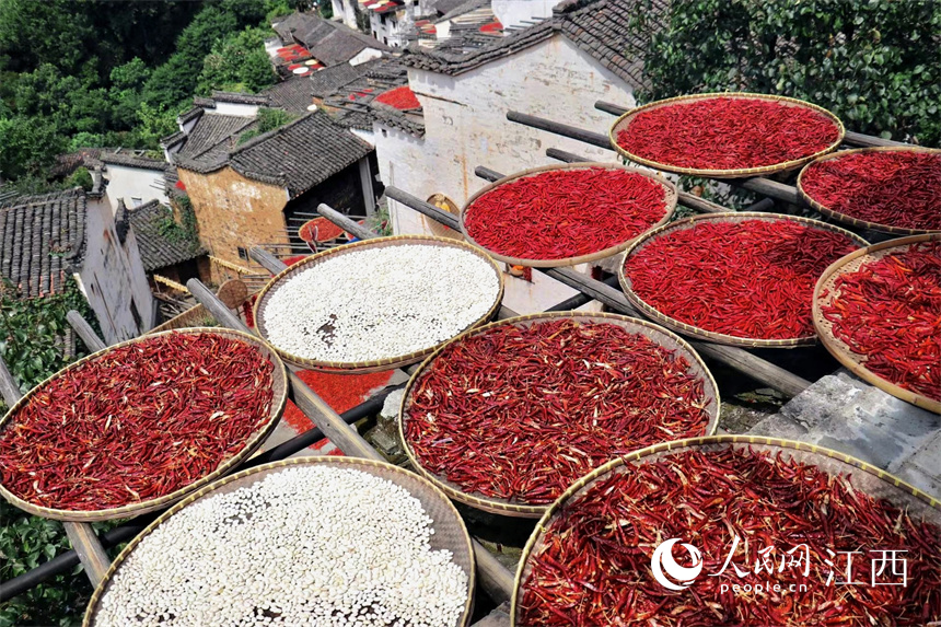 Villagers dry crops in the sun in Wuyuan, E China's Jiangxi