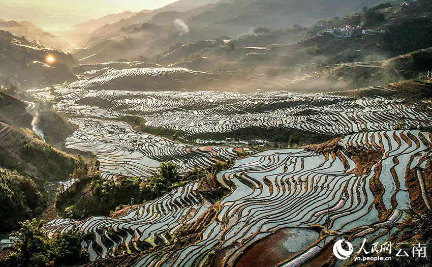Spring farming gets going on SW China's Yunnan rice terraces