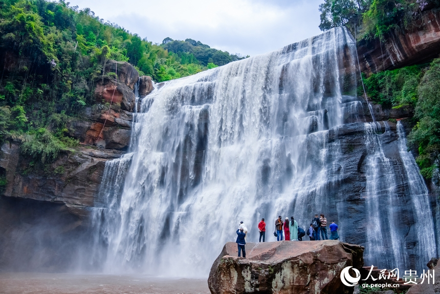 Magnificent scenery of largest waterfall on China's Danxia landforms attracts tourists