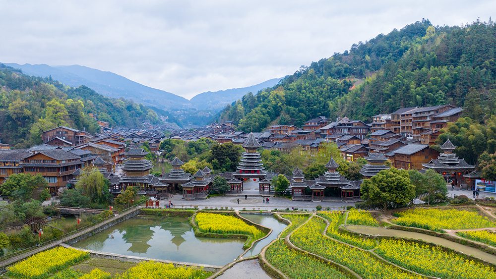 Aerial view of Zhaoxing Dong village, SW China's Guizhou