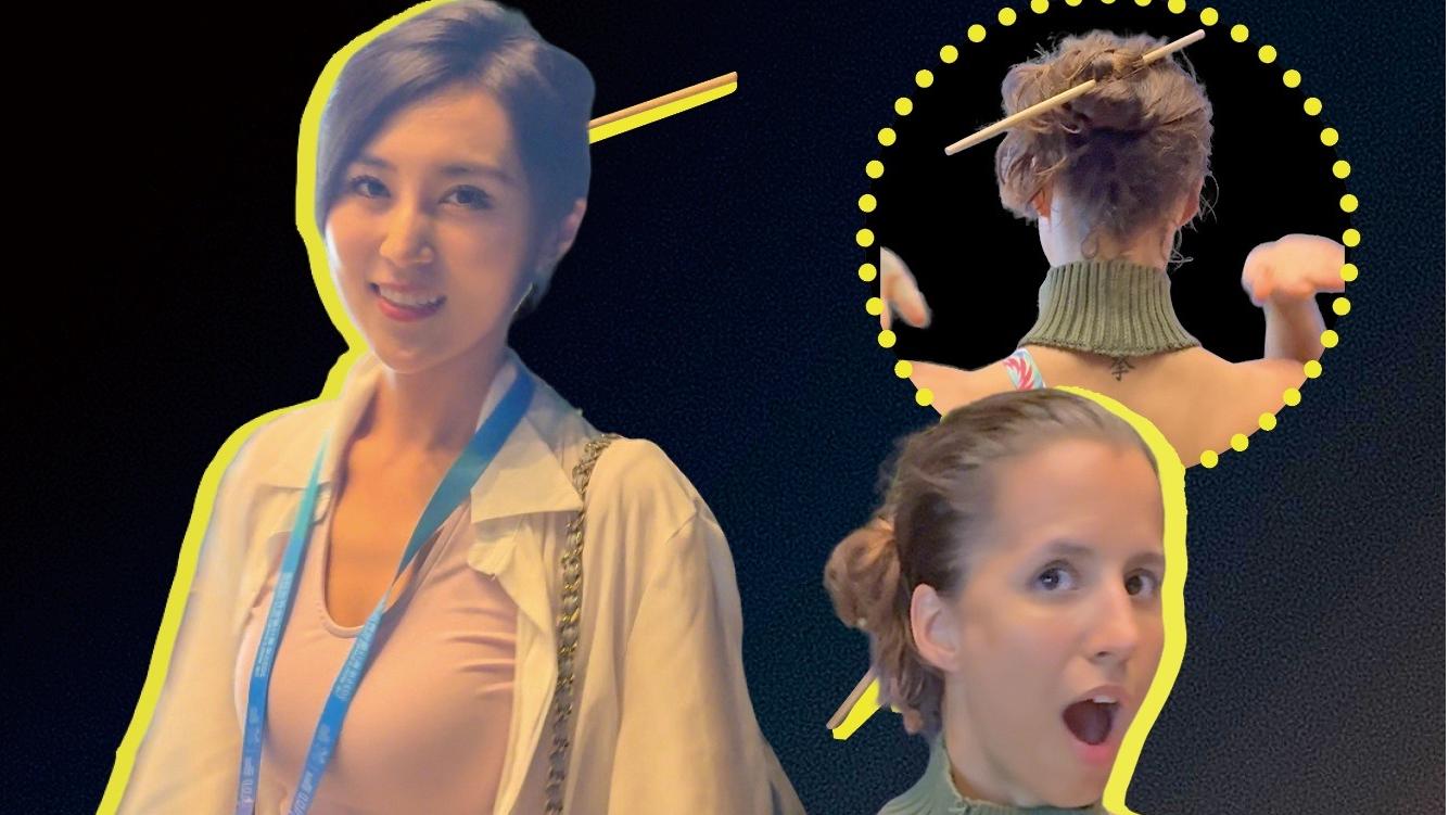 Spanish athlete influencer chopstick hair bun challenge