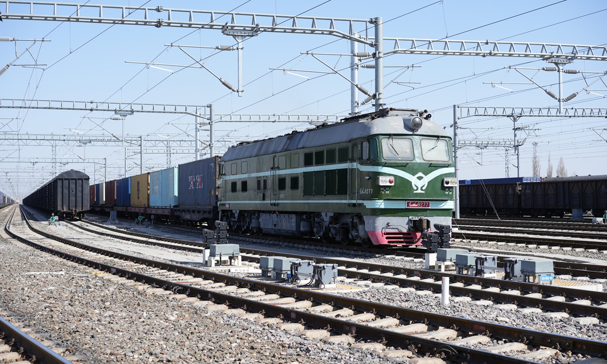 The 90,000th China-Europe freight train processed via Xinjiang's two rail ports prepares to depart from Horgos Station on March 23, 2025. Photo: Courtesy of China Railway Urumqi Group Co
