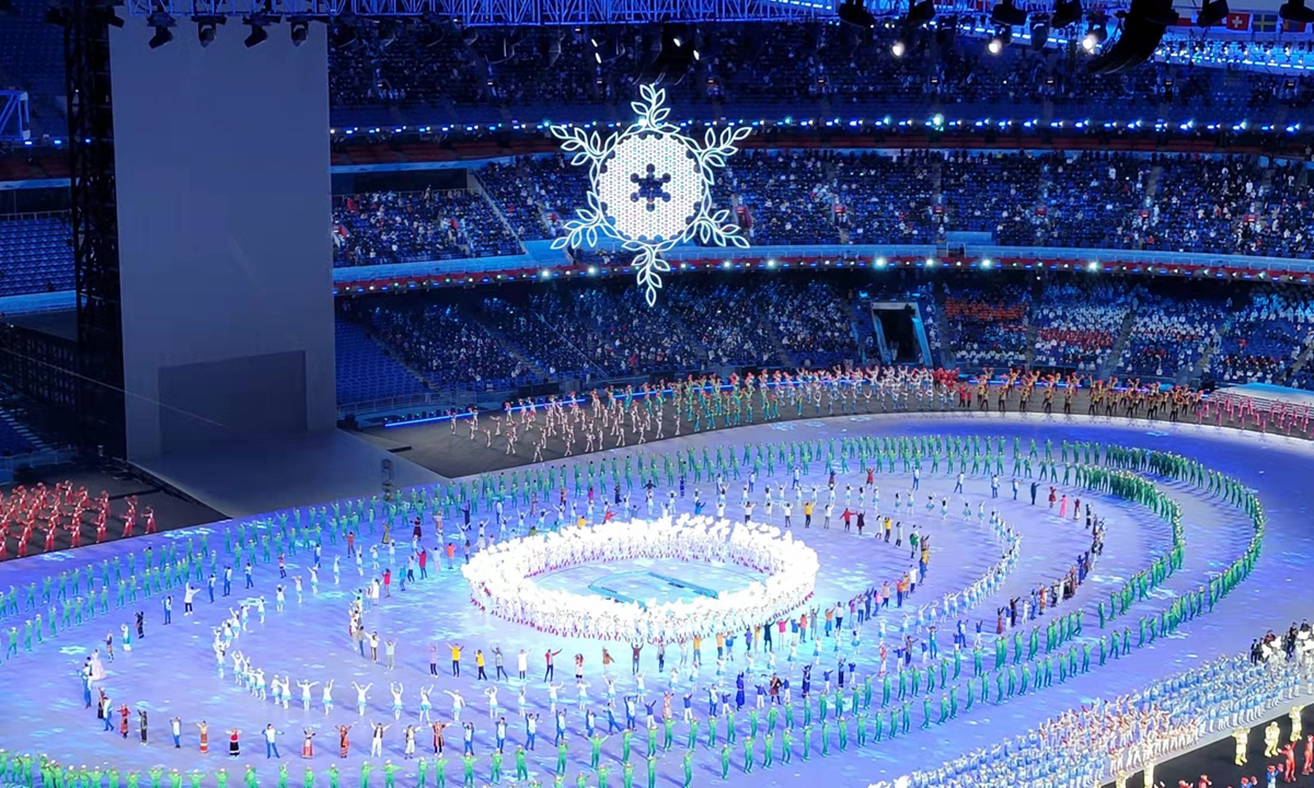 A total of 550,000 LED lamp beads form up the giant snow flake that holds the Olympic flame. Photo: Courtesy of BOE Technology Group Co.,which made the snow flake