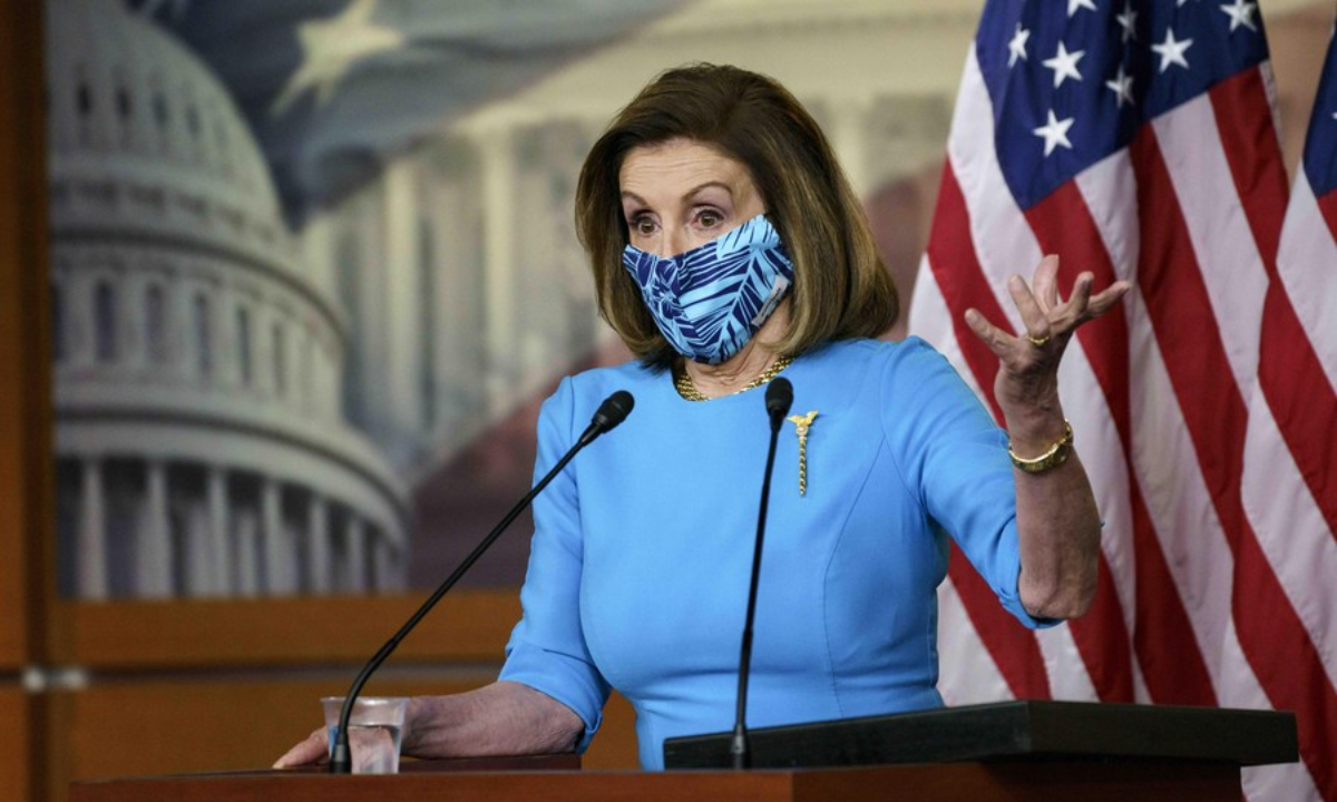 US House Speaker Nancy Pelosi speaks during a press conference on Capitol Hill in Washington, DC, the United States, April 22, 2021. Photo:Xinhua