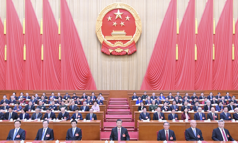 Xi Jinping and other top Chinese leaders attend the closing meeting of the second session of the 14th National People's Congress on March 11, 2024 at the Great Hall of the People in Beijing. Photo: Xinhua