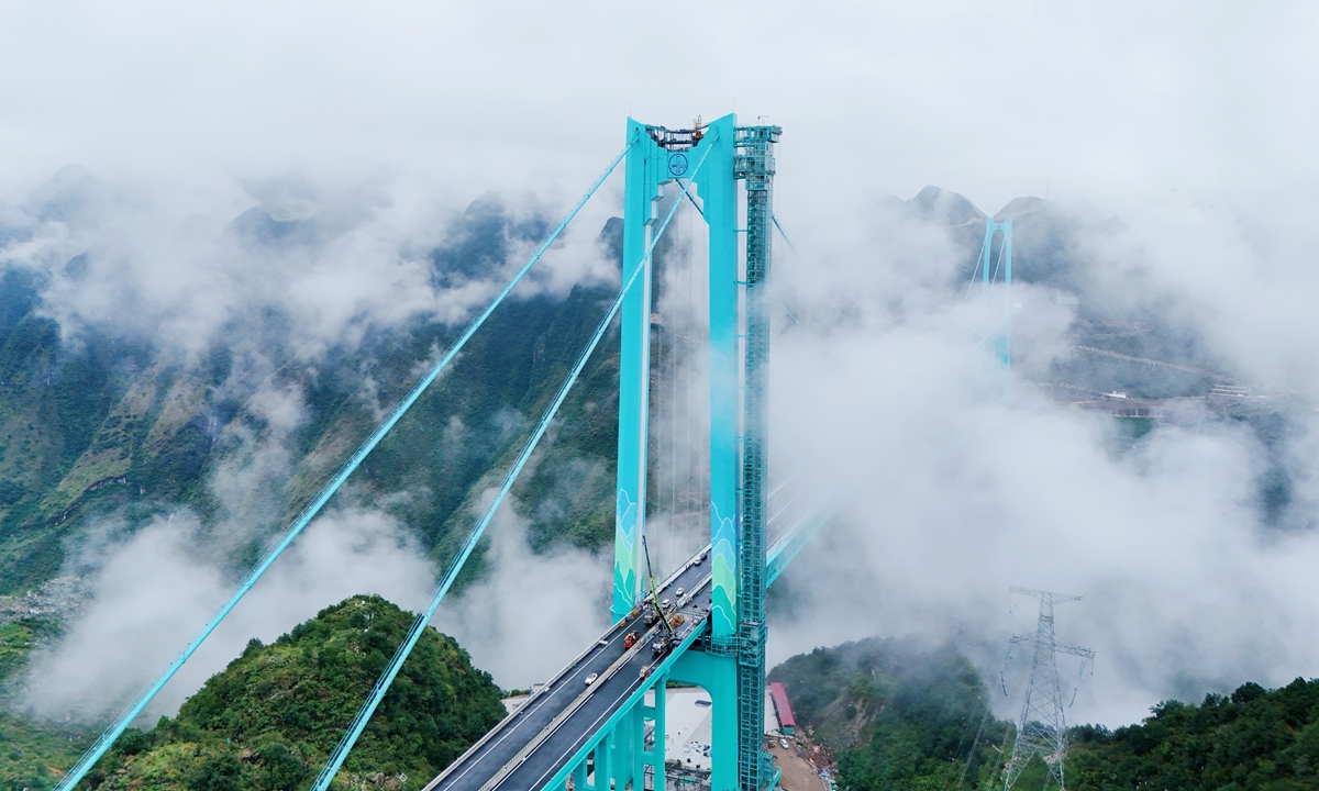 An aerial view of the Huajiang Grand Canyon Bridge in Southwest China's Guizhou Province Photo: Courtesy of Guizhou Communications Investment Group Co., Ltd.