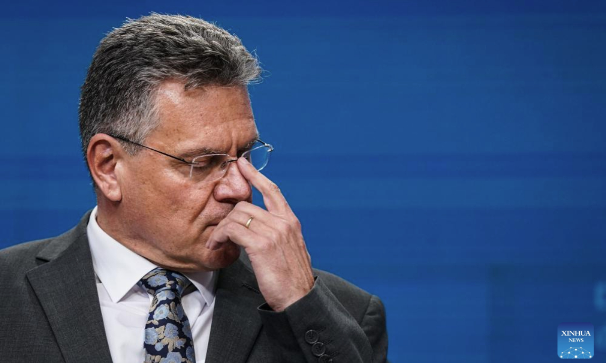 EU trade chief Maros Sefcovic attends a joint press conference in Brussels, Belgium, July 14, 2025.Danish Foreign Minister Lars Lokke Rasmussen condemned the Trump administration's threat to impose 30 percent tariffs on European Union (EU) exports as absolutely unacceptable during a joint press conference with EU trade chief Maros Sefcovic here on Monday.Sefcovic noted that the 27-country bloc is preparing potential countermeasures worth 72 billion euros (84 billion U.S. dollars). (Xinhua/Peng Ziyang)